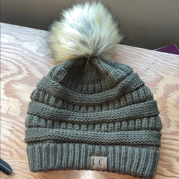 C.C Knit Beanie in Soft Green with Faux‎ Fur Pom - Picture 3 of 6
